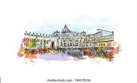 Watercolor sketch with color splash of St. Peter's Square, Vatican City, Rome Italy in vector illustration.