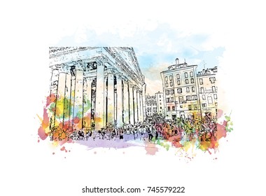 Watercolor sketch with color splash of street view Pantheon, Rome, Italy in vector illustration.