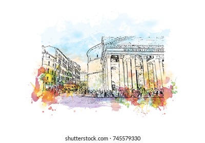 Watercolor sketch with color splash of street view Pantheon, Rome, Italy in vector illustration.