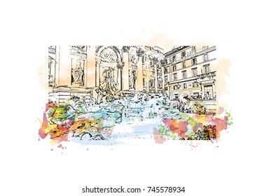 Watercolor sketch with color splash of Trevi Fountain Rome, Capital of Italy in vector illustration.