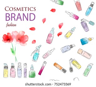 Watercolor sketch of cosmetics products, fashion makeup banner. Brushes, powder palettes, lipstick, eye pencil, nail polish vector illustrations set. Cosmetics shop, beauty salon