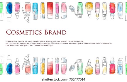 Watercolor sketch of cosmetics products, fashion makeup banner. Brushes, powder palettes, lipstick, eye pencil, nail polish vector illustrations set. Cosmetics shop, beauty salon