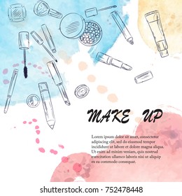 Watercolor sketch of cosmetics products, fashion makeup banner. Brushes, powder palettes, lipstick, eye pencil, nail polish vector illustrations set. Cosmetics shop, beauty salon