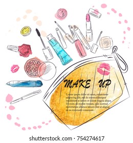 Watercolor sketch of cosmetics products, fashion makeup banner. Brushes, powder palettes, lipstick, eye pencil, nail polish vector illustrations set. Cosmetics shop, beauty salon