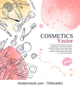 Watercolor sketch of cosmetics products, fashion makeup banner. Brushes, powder palettes, lipstick, eye pencil, nail polish vector illustrations set. Cosmetics shop, beauty salon