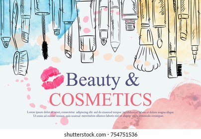 Dibujo acuarela de productos cosméticos, pancarta de maquillaje de moda. Pinceles, paletas en polvo, lápiz labial, lápiz ocular, ilustraciones vectoriales de esmalte de uñas. Tienda de cosméticos, salón de belleza