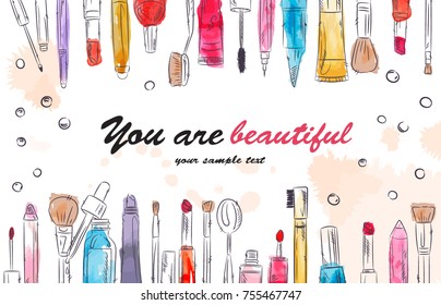 Watercolor sketch of cosmetics products, fashion makeup banner. Brushes, powder palettes, lipstick, eye pencil, nail polish vector illustrations set. Cosmetics shop, beauty salon