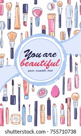 Watercolor sketch of cosmetics products, fashion makeup banner. Brushes, powder palettes, lipstick, eye pencil, nail polish vector illustrations set. Cosmetics shop, beauty salon