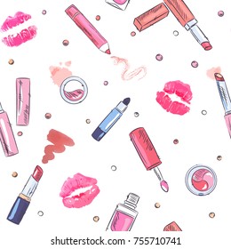 Watercolor sketch of cosmetics products, fashion makeup banner. Brushes, powder palettes, lipstick, eye pencil, nail polish vector illustrations set. Cosmetics shop, beauty salon