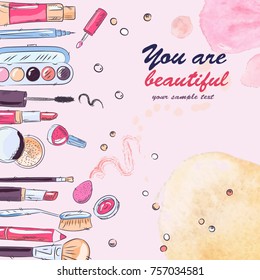 Watercolor sketch of cosmetics products, fashion makeup banner. Brushes, powder palettes, lipstick, eye pencil, nail polish vector illustrations set. Cosmetics shop, beauty salon