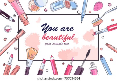 Watercolor sketch of cosmetics products, fashion makeup banner. Brushes, powder palettes, lipstick, eye pencil, nail polish vector illustrations set. Cosmetics shop, beauty salon