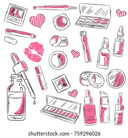 Watercolor Sketch Of Cosmetics Products, Fashion Makeup Banner. Brushes, Powder Palettes, Lipstick, Eye Pencil, Nail Polish Vector Illustrations Set. Cosmetics Shop, Beauty Salon
