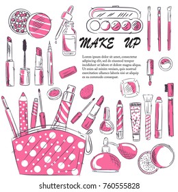 Watercolor sketch of cosmetics products, fashion makeup banner. Brushes, powder palettes, lipstick, eye pencil, nail polish vector illustrations set. Cosmetics shop, beauty salon