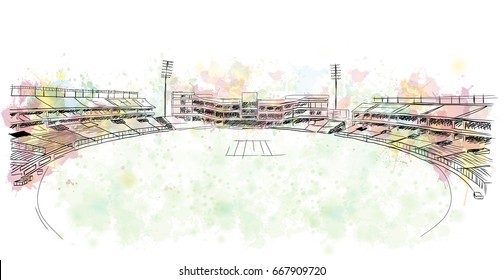 Watercolor with sketch of cricket stadium in vector.