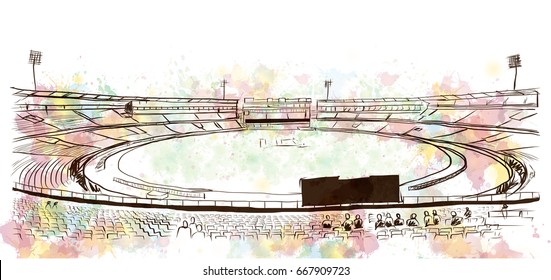 Watercolor with sketch of Cricket stadium in vector.