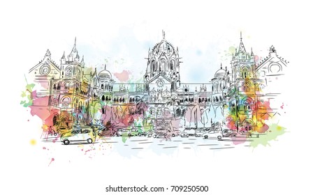 Aquarellskizze von CST, Chatrapati Shivaji Terminus Mumbai, Indien in Vektorgrafik.