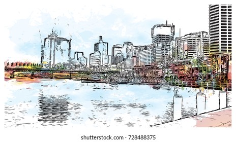 Watercolor Sketch of Darling Harbour Sydney Australia in vector illustration.