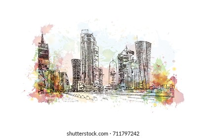 Watercolor sketch of Doha Qatar in vector illustration.