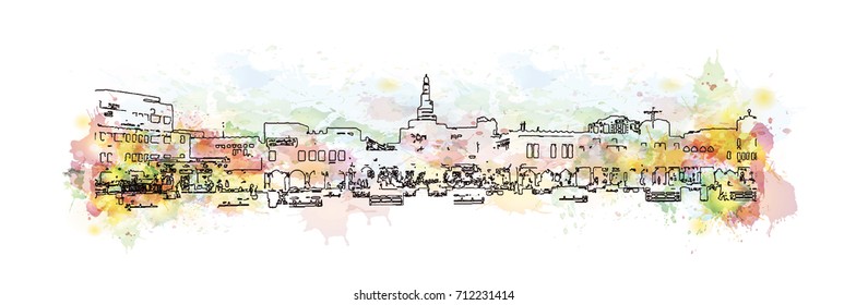 Watercolor sketch of Doha Qatar in vector illustration.