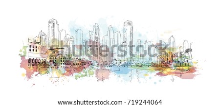 Watercolor sketch of Dubai city buildings in vector illustration.