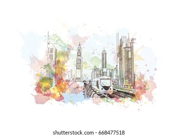 Watercolor sketch of Dubai metro in vector