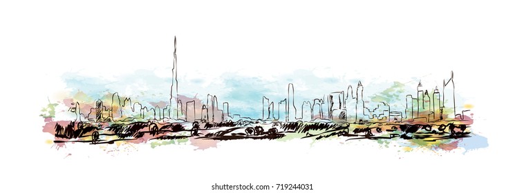 Watercolor Sketch Of Dubai Sky Line In Vector Illustration.