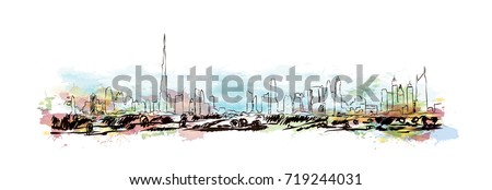 Watercolor sketch of Dubai sky line in vector illustration.