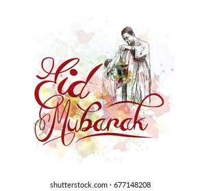Watercolor sketch of Eid Mubarak with Lamp in vector