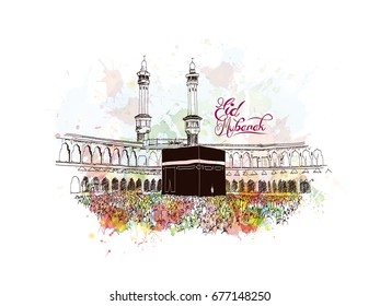 Watercolor sketch of Eid Mubarak with Mecca in vector