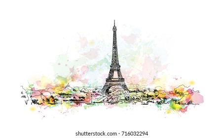 Watercolor sketch of Eiffel Tower, Paris Capital of France in vector illustration.