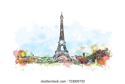 Watercolor sketch of Eiffel Tower Paris France in vector illustration.
