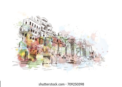 Watercolor sketch of Ganga Ghat Varanasi India in vector illustration.