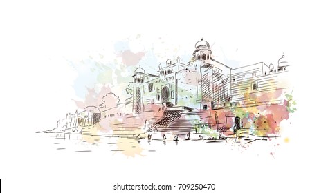 Watercolor sketch of Ganga Ghat Varanasi India in vector illustration.