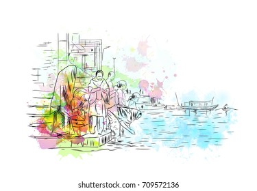 Watercolor sketch of Ganga Ghat in vector illustration.