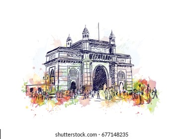 Watercolor sketch of Gateway of India Mumbai in vector