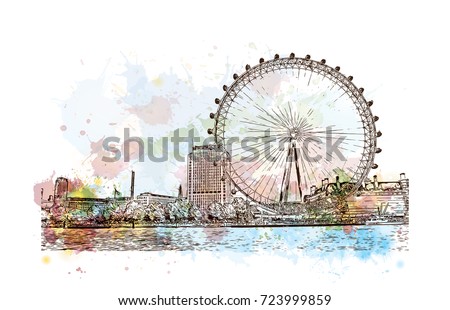 Watercolor sketch of Giant ferry London, UK (United Kingdom, England) in vector illustration.