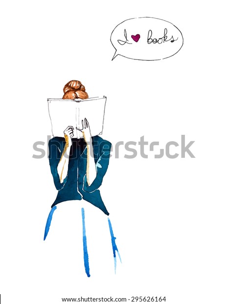 Watercolor Sketch Girl Reading Book Vector Stock Vector