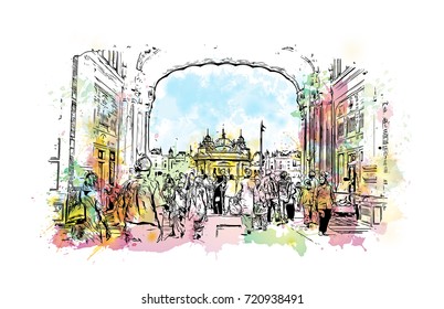 Watercolor Sketch Of Golden Temple Amritsar Punjab, India In Vector Illustration.