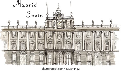 Watercolor Sketch hand drawn illustration architecture landmark of Madrid Spain Palacio Real with lettering vector