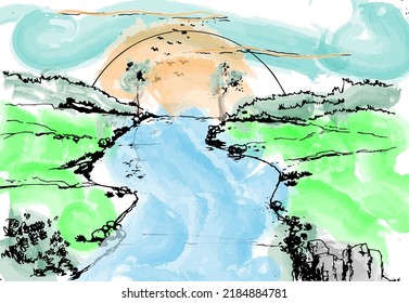 Watercolor sketch hand drawn vector nature illustration with sunset river on main view. Made with 0.5mm drawing pen. Using for travel and nature background and card