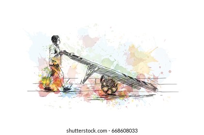 Watercolor sketch of hand pulling two wheel car with Indian coolie in vector.