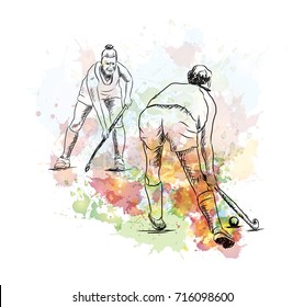 Watercolor sketch Hockey lady player playing hockey in vector illustration 