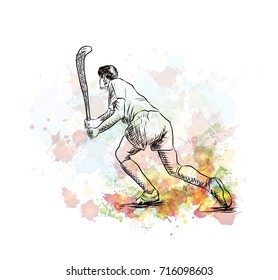 Watercolor sketch Hockey lady player playing hockey in vector illustration 