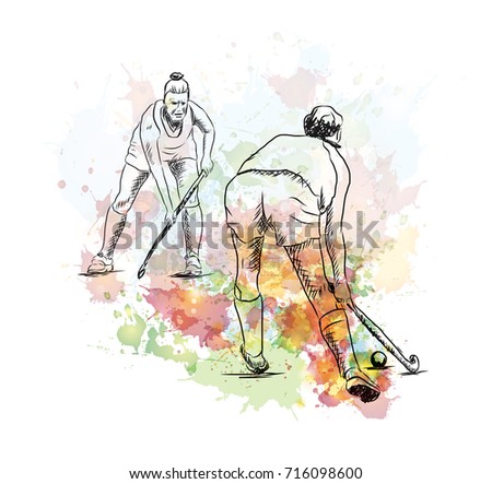 Watercolor sketch of Hockey lady player playing hockey in vector illustration.