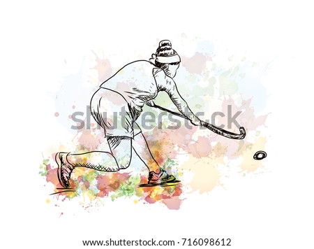 Watercolor sketch of Hockey lady player playing hockey in vector illustration.