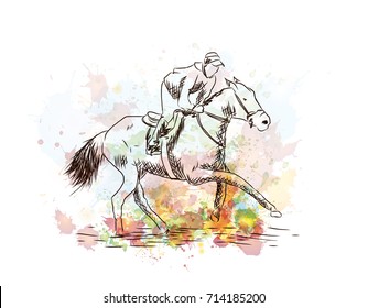 Watercolor sketch of Horse riding in vector illustration.