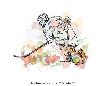 Watercolor sketch of Ice Hockey Player in vector illustration.