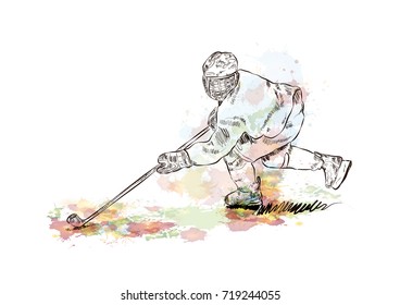 Watercolor sketch of Ice hockey player in vector illustration.