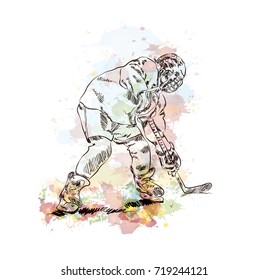 Watercolor sketch of Ice hockey player in vector illustration.