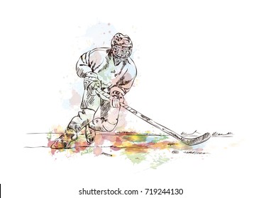 Watercolor sketch of Ice hockey player in vector illustration.